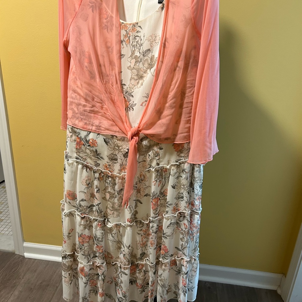 Floral Tiered Dress with Sheer Pink Cardigan